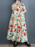 Momentlover Split-Joint Printed Buttoned Short Sleeves Loose Stand Collar Midi Dresses