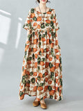 Momentlover Split-Joint Printed Pleated Loose Half Sleeves Round-Neck Midi Dresses