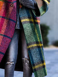 Momentlover Long Sleeves Loose Contrast Color Plaid Split-Joint Lapel Outerwear Windbreakers Woolen Coat