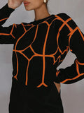 Momentlover Geometric Loose Long Sleeves Round-Neck Sweater Tops Pullovers Knitwear