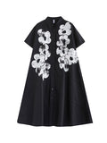 Momentlover Flower Print Buttoned Asymmetric Short Sleeves Loose Lapel Shirt Dress Midi Dresses