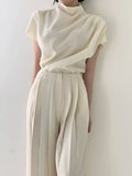 momentlover Urban Solid Color Pleats High Waisted Wide Leg Pants