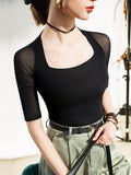 Momentlover Simple Solid Color Square-Neck Half Sleeves Shirt