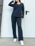 Momentlover V-Neck Long Sleeves Loose Solid Color Shirt Top + Pants Bottom Pajama Sets