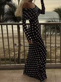 Momentlover Split-Joint Polka-Dot Pleated Skinny Long Sleeves Tube Maxi Dresses