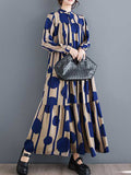 Momentlover Split-Joint Polka-Dot Pleated Buttoned Loose Long Sleeves Stand Collar Shirt Dress Maxi Dresses
