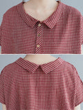 Momentlover Artistic Retro Loose Plaid Buttoned Lapel Collar Midi Dress