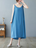 Momentlover Solid Color Sleeveless Loose Spaghetti-Neck Midi Dresses