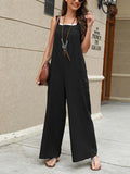 Momentlover Casual Loose Sleeveless Solid Color Square-Neck Overalls