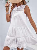 Momentlover Split-Joint Solid Color Lace-Up Hollow Sleeveless Loose Round-Neck Mini Dresses