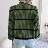 Momentlover Striped Mock Neck Dropped Shoulder Sweater