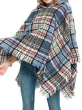 Momentlover Plaid Keep Warm Hooded Fringed Shawl&Cloak Cape