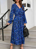 Momentlover Split-Side Leopard Elasticity Drawstring Puff Sleeves Loose V-Neck Midi Dresses