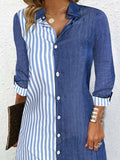 Momentlover Striped Split-Joint Asymmetric Loose Long Sleeves Lapel Shirt Dress Mini Dresses