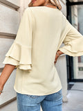 Momentlover Solid Color Ruffle Sleeves Loose V-Neck T-Shirts Tops