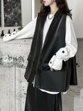 Momentlover Solid Color Pockets Buttoned Sleeveless Loose V-neck Vest Outerwear