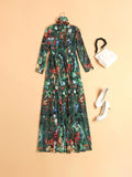 Momentlover Zipper Flower Print Elasticity Bowknot Loose Long Sleeves Round-neck Maxi Dresses