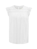 Momentlover Split-Joint Solid Color See-Through Ruffle Trim Hollow Loose Cap Sleeve Round-neck Vest Top