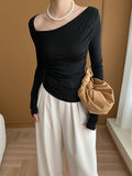 Momentlover Solid Color Skinny Long Sleeves Asymmetric Collar T-Shirts Tops