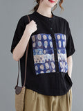 Momentlover Artistic Retro Loose Applique Printed Blouse