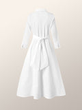 momentlover Stylish A-Line Long Sleeves Pleated Solid Color Lapel Midi Dresses