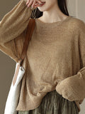 Momentlover Solid Color See-Through Loose Long Sleeves Round-Neck Sweater Tops