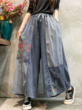 Momentlover Casual Wide Leg Loose Color-Block Bandage Embroidered Jean Pants Bottoms