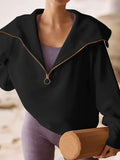 Momentlover Zipper Solid Color Loose Long Sleeves V-Neck Sweatshirt Tops
