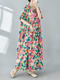 Momentlover Split-Joint Printed Polka-Dot Pleated Loose Half Sleeves Round-Neck Midi Dresses