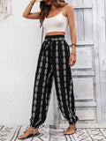 High Waisted Loose Drawstring Elasticity Pleated Printed Knickerbockers Pants Trousers