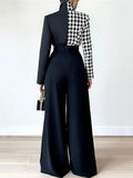 Momentlover Long Sleeves Loose Houndstooth Split-Joint Lapel Blouses Blouses&shirts Tops