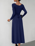 Momentlover Tied Waist Solid Color Skinny Long Sleeves U-Neck Midi Dresses