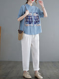 Momentlover Artistic Retro Loose Applique Printed Blouse