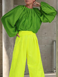 Momentlover Contrast Color Round-Neck Puff Sleeves Blouse Top + Wide Leg Pants Two Pieces Set