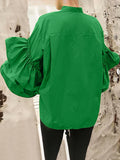 Momentlover Solid Color Ruffled Layered Buttoned Loose Long Sleeves Mock Neck Blouses&Shirts Tops