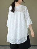 Momentlover Split-Joint See-Through Pleated Falbala Short Sleeves Loose Round-Neck T-Shirts