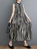 Momentlover Striped Sleeveless Loose Stand Collar Midi Dresses