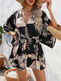 Momentlover Leaves Print Drawstring Buttoned Loose Half Sleeves V-Neck Mini Dresses