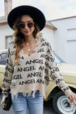 Momentlover ANGEL Distressed V-Neck Dropped Shoulder Sweater