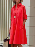 momentlover Simple Long Sleeves Solid Color Lapel Midi Dress