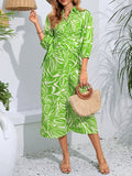 Momentlover Tied Waist Printed Elasticity Nine-Minute Sleeve High Waisted V-Neck Shirt Dress Midi Dresses