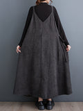 Momentlover Solid Color Pockets Buttoned Asymmetric Adjustable Sleeveless Loose Spaghetti-Neck Midi Dresses