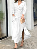 Momentlover Loose Solid Color Split-Side Notched Collar Maxi Dresses