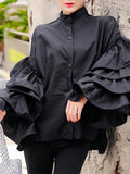 Momentlover Solid Color Ruffled Layered Buttoned Loose Long Sleeves Mock Neck Blouses&Shirts Tops