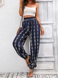 High Waisted Loose Drawstring Elasticity Pleated Printed Knickerbockers Pants Trousers