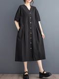 Momentlover Solid Color Pockets Buttoned Short Sleeves Loose V-Neck Midi Dresses
