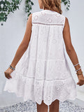 Momentlover Split-Joint Solid Color Lace-Up Hollow Sleeveless Loose Round-Neck Mini Dresses