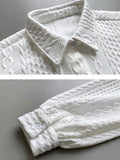 Momentlover Simple Loose Long Sleeves Buttoned Solid Color Textured Lapel Collar Blouses&Shirts Tops