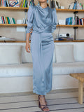 Momentlover Split-Front Solid Color Pleated Long Sleeves High Waisted Mock Neck Maxi Dresses