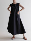 Loose Sleeveless Asymmetric Drawstring Pleated Solid Color Tied Round-Neck Midi Dresses